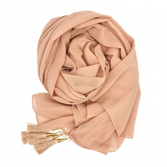 Immagine di Peachy Beige - Chiffon Women's Hijab Scarf Solid Color With Tassel 70x175cm, 1 Piece