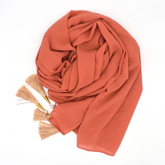 Immagine di Orange-red - Chiffon Women's Hijab Scarf Solid Color With Tassel 70x175cm, 1 Piece