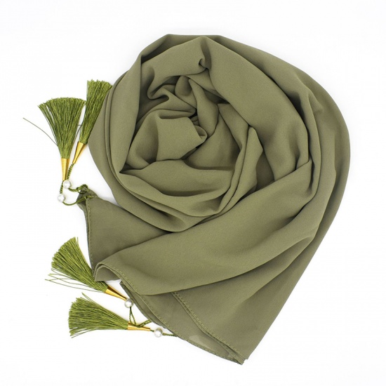 Immagine di Olive Green - Chiffon Women's Hijab Scarf Solid Color With Tassel 70x175cm, 1 Piece