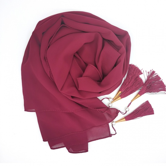 Immagine di Fuchsia - Chiffon Women's Hijab Scarf Solid Color With Tassel 70x175cm, 1 Piece