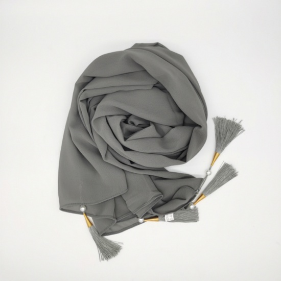 Immagine di Smoky Gray - Chiffon Women's Hijab Scarf Solid Color With Tassel 70x175cm, 1 Piece