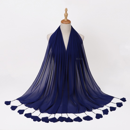 Immagine di Royal Blue - 4# Chiffon Women's Hijab Scarf Solid Color Flower Tassel Imitation Pearls 70x180cm, 1 Piece