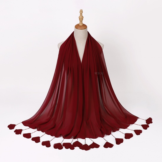 Immagine di Wine Red - 5# Chiffon Women's Hijab Scarf Solid Color Flower Tassel Imitation Pearls 70x180cm, 1 Piece