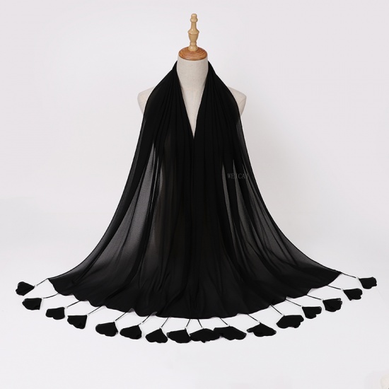 Immagine di Black - 6# Chiffon Women's Hijab Scarf Solid Color Flower Tassel Imitation Pearls 70x180cm, 1 Piece