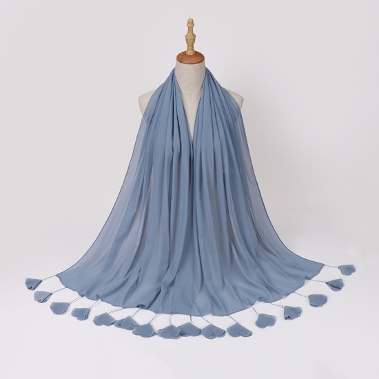 Immagine di Steel Gray - 7# Chiffon Women's Hijab Scarf Solid Color Flower Tassel Imitation Pearls 70x180cm, 1 Piece