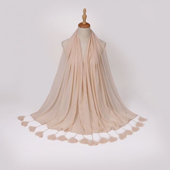 Immagine di Creamy-White - 9# Chiffon Women's Hijab Scarf Solid Color Flower Tassel Imitation Pearls 70x180cm, 1 Piece