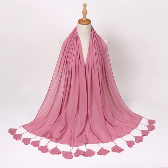 Immagine di Pink - 10# Chiffon Women's Hijab Scarf Solid Color Flower Tassel Imitation Pearls 70x180cm, 1 Piece