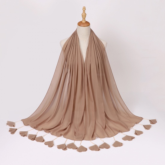 Immagine di Light Khaki - 11# Chiffon Women's Hijab Scarf Solid Color Flower Tassel Imitation Pearls 70x180cm, 1 Piece