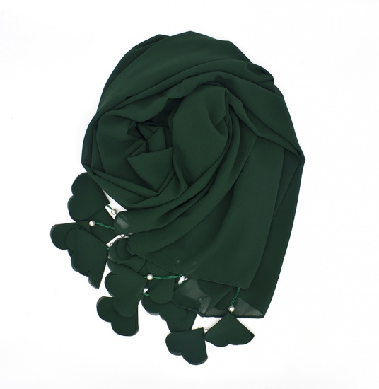 Immagine di Emerald - 15# Chiffon Women's Hijab Scarf Solid Color Flower Tassel Imitation Pearls 70x180cm, 1 Piece