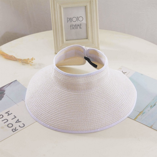 Picture of Milk White - Women Summer Empty Top Adjustable Visors Hat Foldable Sun Hat Wide Large Brim Beach Straw Hat UV Protection Cap M（56-58cm）, 1 Piece