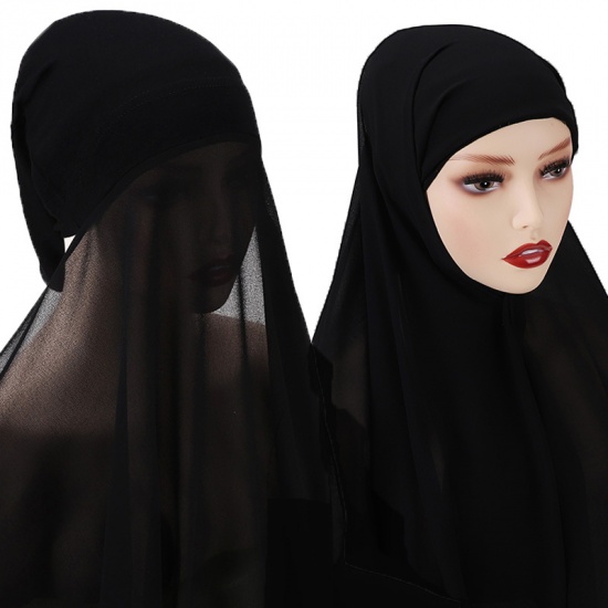Immagine di Black - 1# Chiffon Women's Turban Hat Hijab Scarf Solid Color 70x175cm, 1 Set