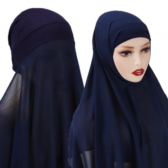 Immagine di Navy Blue - 2# Chiffon Women's Turban Hat Hijab Scarf Solid Color 70x175cm, 1 Set