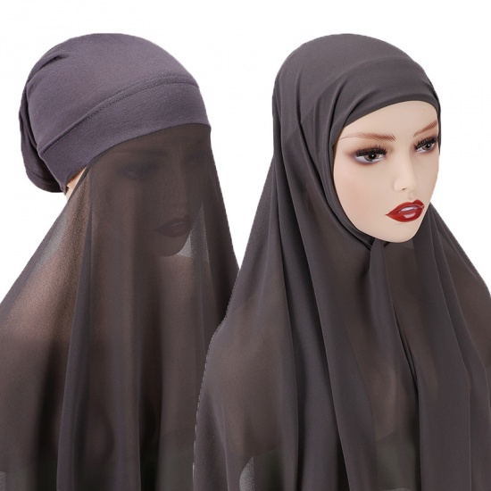 Immagine di Taupe - 3# Chiffon Women's Turban Hat Hijab Scarf Solid Color 70x175cm, 1 Set