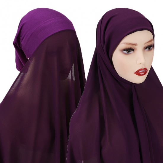 Immagine di Dark Purple - 7# Chiffon Women's Turban Hat Hijab Scarf Solid Color 70x175cm, 1 Set