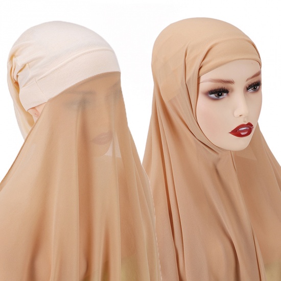 Immagine di Khaki - 8# Chiffon Women's Turban Hat Hijab Scarf Solid Color 70x175cm, 1 Set