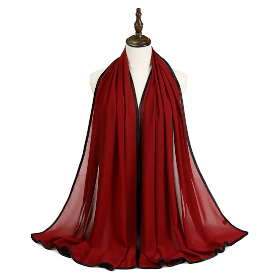 Immagine di Wine Red - 3# Chiffon Women's Hijab Scarf Wrap Solid Color Black Edging 70x175cm, 1 Piece