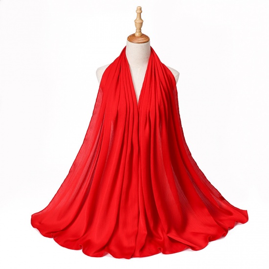 Image de Rouge - 14 # Écharpe Hijab pour Femmes en Mousseline de Soie Froissée en Polyester Couleur Unie70x175cm, 1 Pièce
