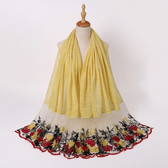 Immagine di Yellow - 7# Lace Flower Women's Hijab Scarf Wrap Hot Fix Rhinestone 85x180cm, 1 Piece