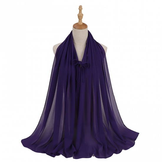 Immagine di Dark Purple - 6# Chiffon Women's Lace Up Hijab Scarf Wrap Solid Color 72x175cm, 1 Piece