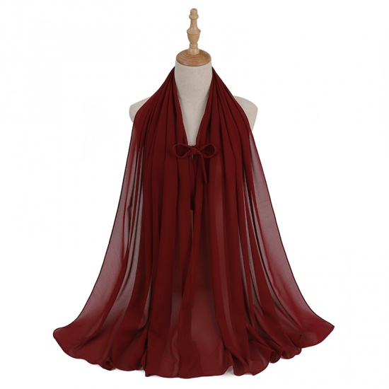 Immagine di Wine Red - 7# Chiffon Women's Lace Up Hijab Scarf Wrap Solid Color 72x175cm, 1 Piece