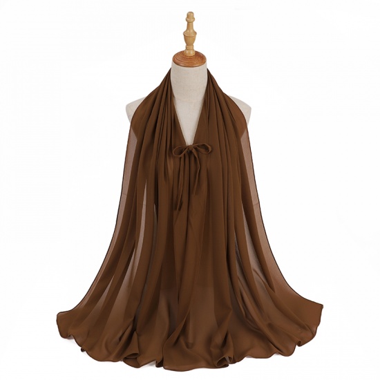 Immagine di Brown - 14# Chiffon Women's Lace Up Hijab Scarf Wrap Solid Color 72x175cm, 1 Piece