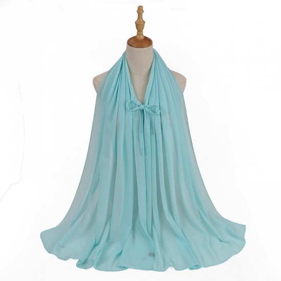 Immagine di Light Blue - 18# Chiffon Women's Lace Up Hijab Scarf Wrap Solid Color 72x175cm, 1 Piece