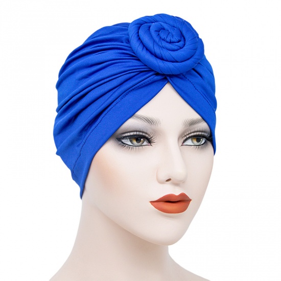 Bild von Blau - 4# Polyester Elasthan Spirale gebundener Knoten Damen Turban Hut einfarbig M（56-58cm）, 1 Stück