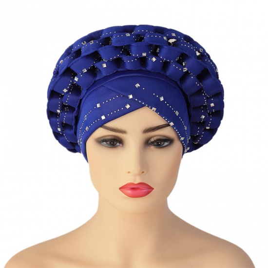 Immagine di Blue - 2# African Style Adjustable Women's Turban Hat With Hot Fix Rhinestone M（56-58cm）, 1 Piece