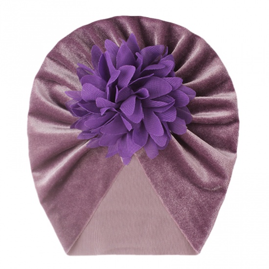 Immagine di Purple - Big Flower Velvet Turban Hat Beanie Bonnet For 0-2 Years Old Baby Girls Newborn Infant 38cm - 42cm long, 1 Piece