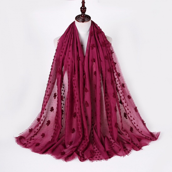 Picture of Fuchsia - 3# Polyester Women's Hijab Scarf Wrap Solid Color With Pom Pom Ball Tassel 180x80cm, 1 Piece