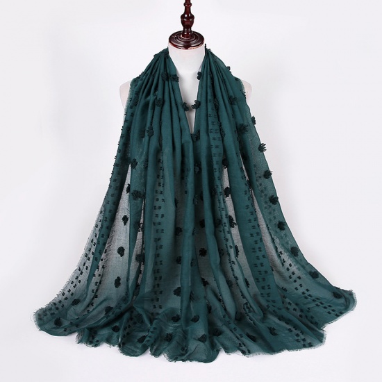 Picture of Dark Green - 18# Polyester Women's Hijab Scarf Wrap Solid Color With Pom Pom Ball Tassel 180x80cm, 1 Piece