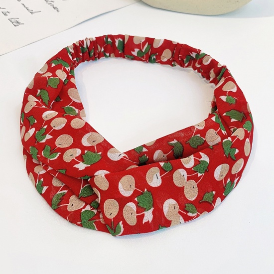 Picture of Red - Flower Printed Women Chiffon Elastic Twist Knot Hair Headband Head Wrap For Sports 23x6cm, 1 Piece