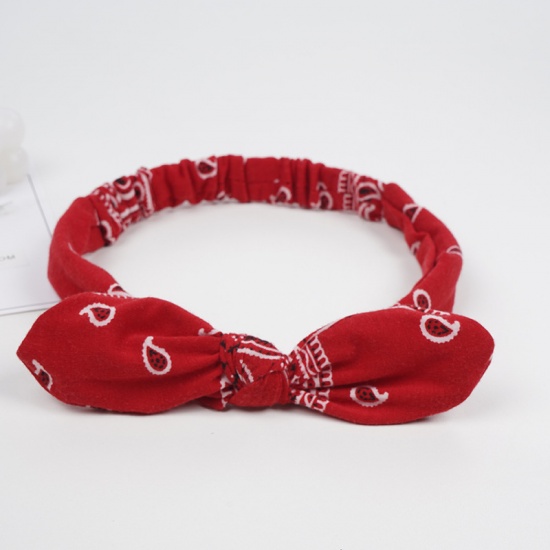 Immagine di Red - 1# Paisley Printed Girls Rabbit Ears Bow Polyester Elastic Headband Head Wrap For Sports 24x5cm, 1 Piece