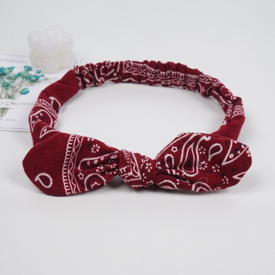 Immagine di Wine Red - 2# Paisley Printed Girls Rabbit Ears Bow Polyester Elastic Headband Head Wrap For Sports 24x5cm, 1 Piece