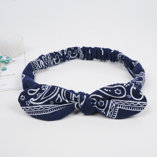 Immagine di Navy Blue - 5# Paisley Printed Girls Rabbit Ears Bow Polyester Elastic Headband Head Wrap For Sports 24x5cm, 1 Piece