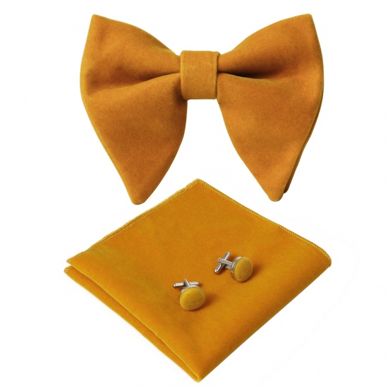 Изображение Orange - 1# Velvet Bow Tie & Cufflinks & Handkerchief For Formal Suit Accessories 23x23cm - 1.6cm Dia., 1 Set