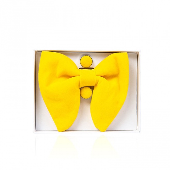 Picture of Yellow - 3# Velvet Bow Tie & Cufflinks & Handkerchief For Formal Suit Accessories 23x23cm - 1.6cm Dia., 1 Set