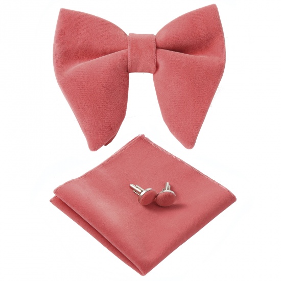 Изображение Orange Pink - 9# Velvet Bow Tie & Cufflinks & Handkerchief For Formal Suit Accessories 23x23cm - 1.6cm Dia., 1 Set