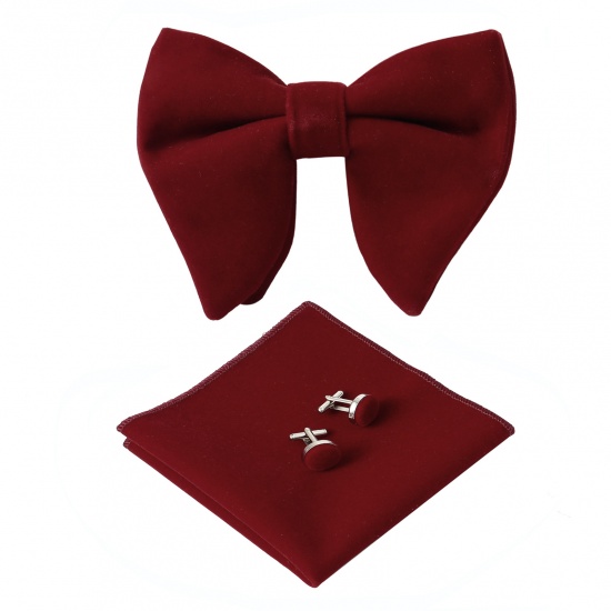 Изображение Wine Red - 11# Velvet Bow Tie & Cufflinks & Handkerchief For Formal Suit Accessories 23x23cm - 1.6cm Dia., 1 Set