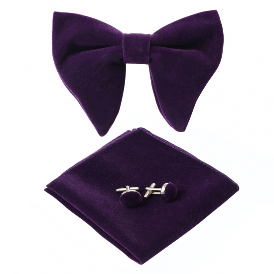 Picture of Purple - 12# Velvet Bow Tie & Cufflinks & Handkerchief For Formal Suit Accessories 23x23cm - 1.6cm Dia., 1 Set