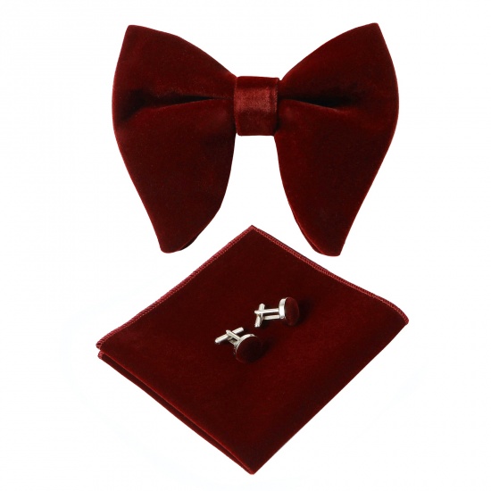 Изображение Coffee - 14# Velvet Bow Tie & Cufflinks & Handkerchief For Formal Suit Accessories 23x23cm - 1.6cm Dia., 1 Set