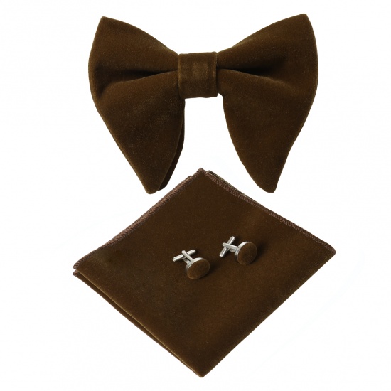 Изображение Light Coffee - 16# Velvet Bow Tie & Cufflinks & Handkerchief For Formal Suit Accessories 23x23cm - 1.6cm Dia., 1 Set