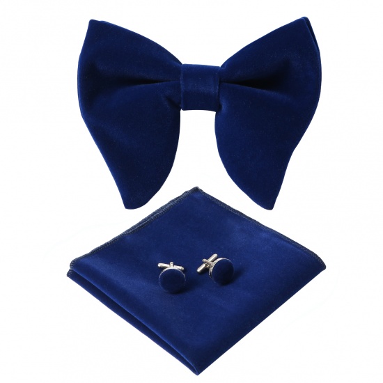 Picture of Dark Blue - 17# Velvet Bow Tie & Cufflinks & Handkerchief For Formal Suit Accessories 23x23cm - 1.6cm Dia., 1 Set