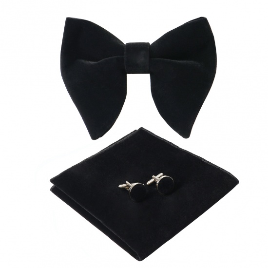 Изображение Black - 18# Velvet Bow Tie & Cufflinks & Handkerchief For Formal Suit Accessories 23x23cm - 1.6cm Dia., 1 Set