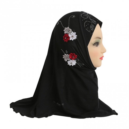 黒-4＃フラワーレーヨンイスラム教徒の少女のターバンヒジャーブ、ホットフィックスラインストーン付き2-6歳50x48cm、1 枚 の画像
