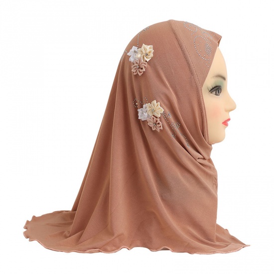 Picture of Khaki - 6# Flower Rayon Muslim Girl's Turban Hijab With Hot Fix Rhinestone For 2-6 Years Old 50x48cm, 1 Piece