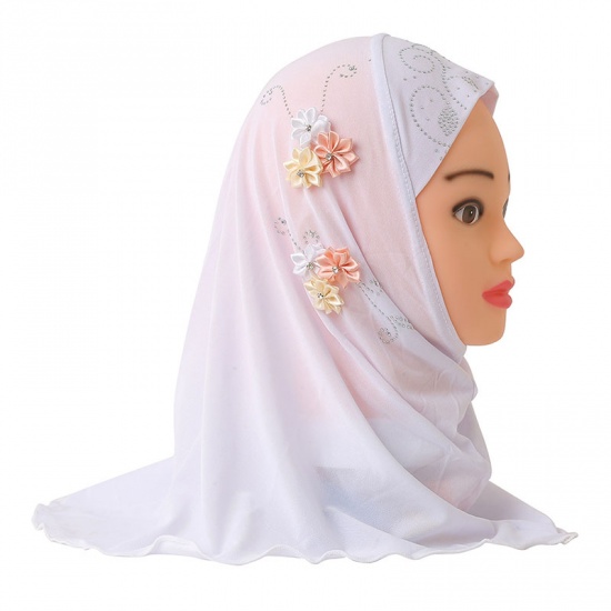 Picture of White - 7# Flower Rayon Muslim Girl's Turban Hijab With Hot Fix Rhinestone For 2-6 Years Old 50x48cm, 1 Piece