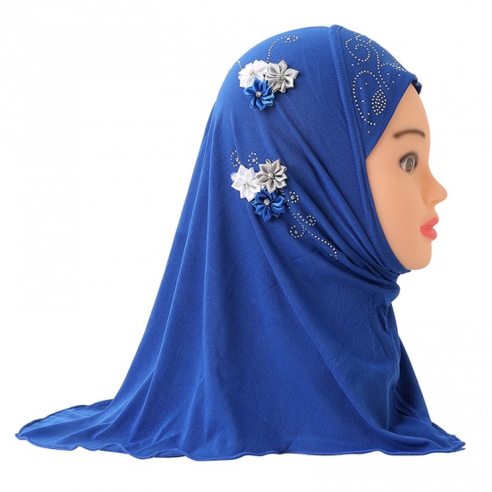 Picture of Royal Blue - 3# Flower Rayon Muslim Girl's Turban Hijab With Hot Fix Rhinestone For 2-6 Years Old 50x48cm, 1 Piece