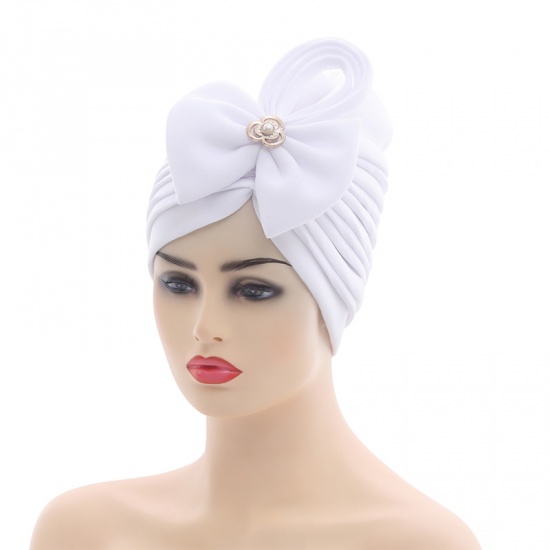 Immagine di White - African Women's Turban Hat Headwraps Bowknot Pleated Solid Color M（56-58cm）, 1 Piece