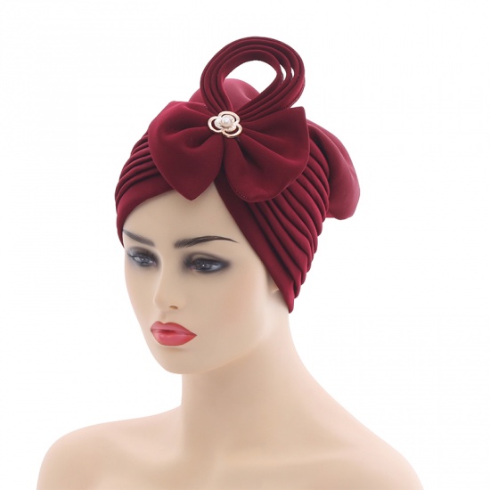 Immagine di Wine Red - African Women's Turban Hat Headwraps Bowknot Pleated Solid Color M（56-58cm）, 1 Piece